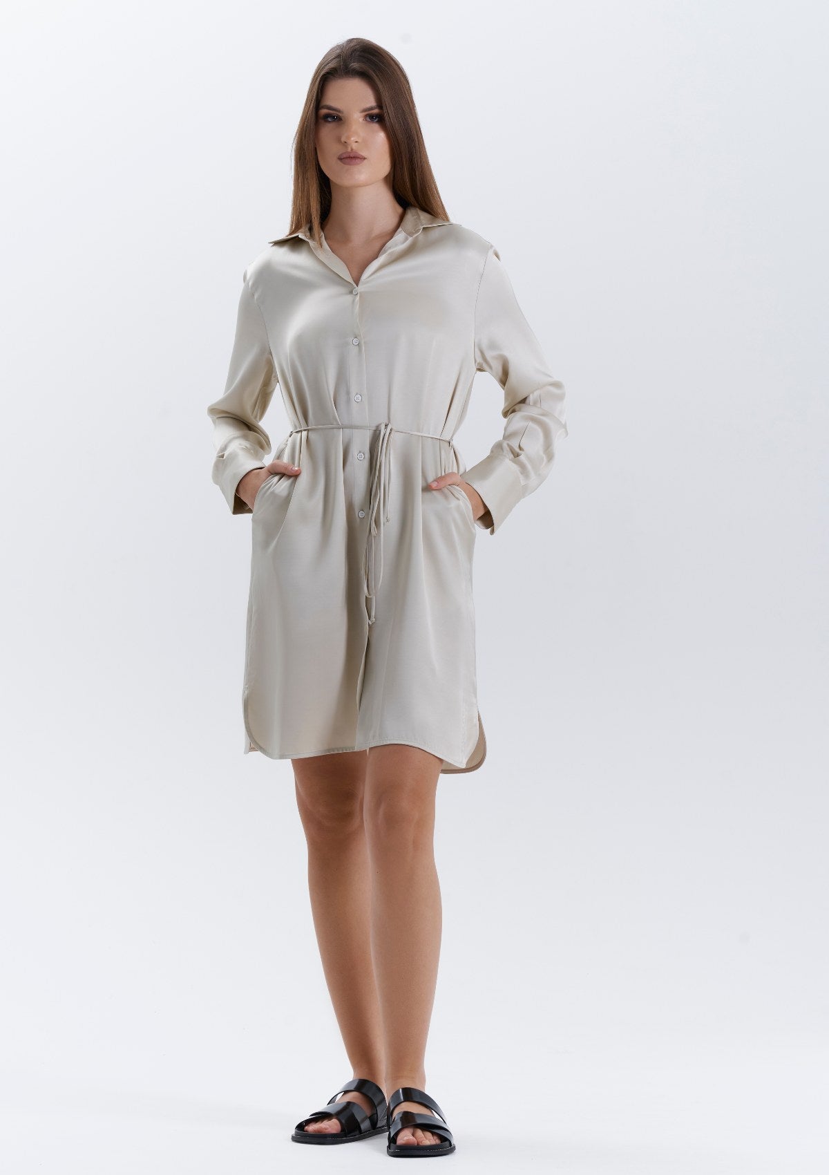 An everyday wardrobe essential sand hue shirt-dress.