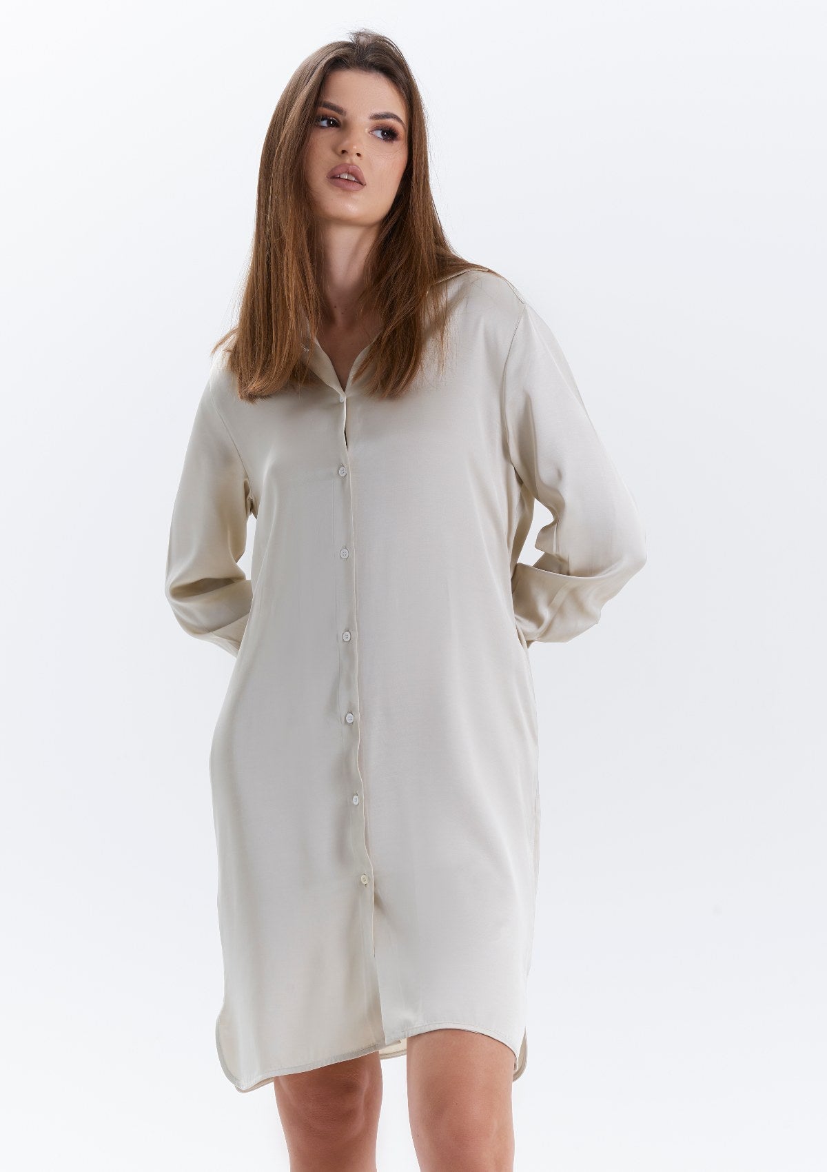 A minimal design beige shirt-dress created by Silk & tonic fashion brand.