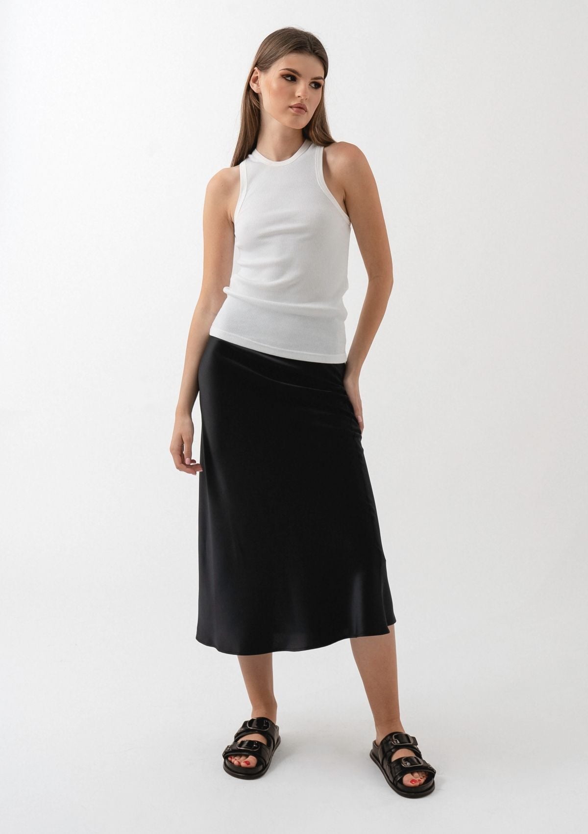 silk-midi-black-slip-skirt-wardrobe hero-all-day outfit- Silk & tonic