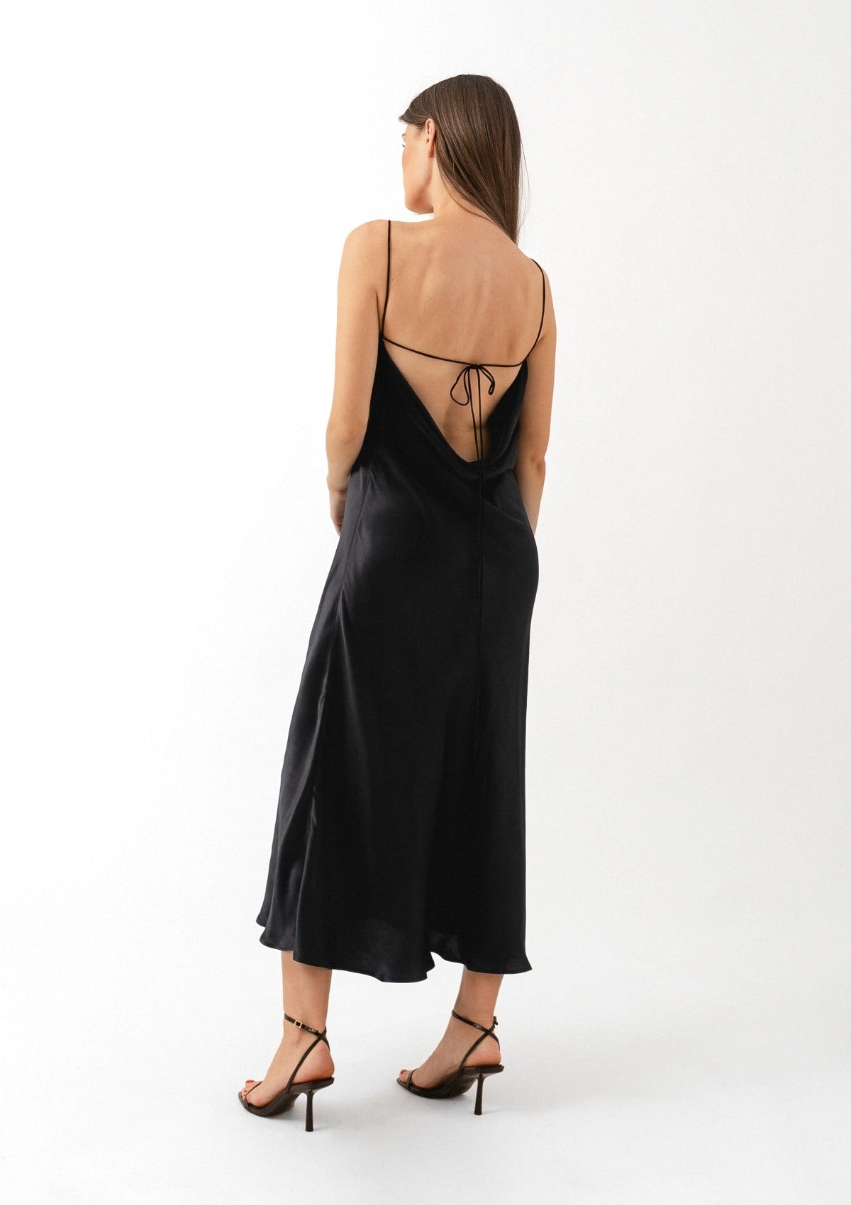 Black satin wrap outlet skirt backless midi dress