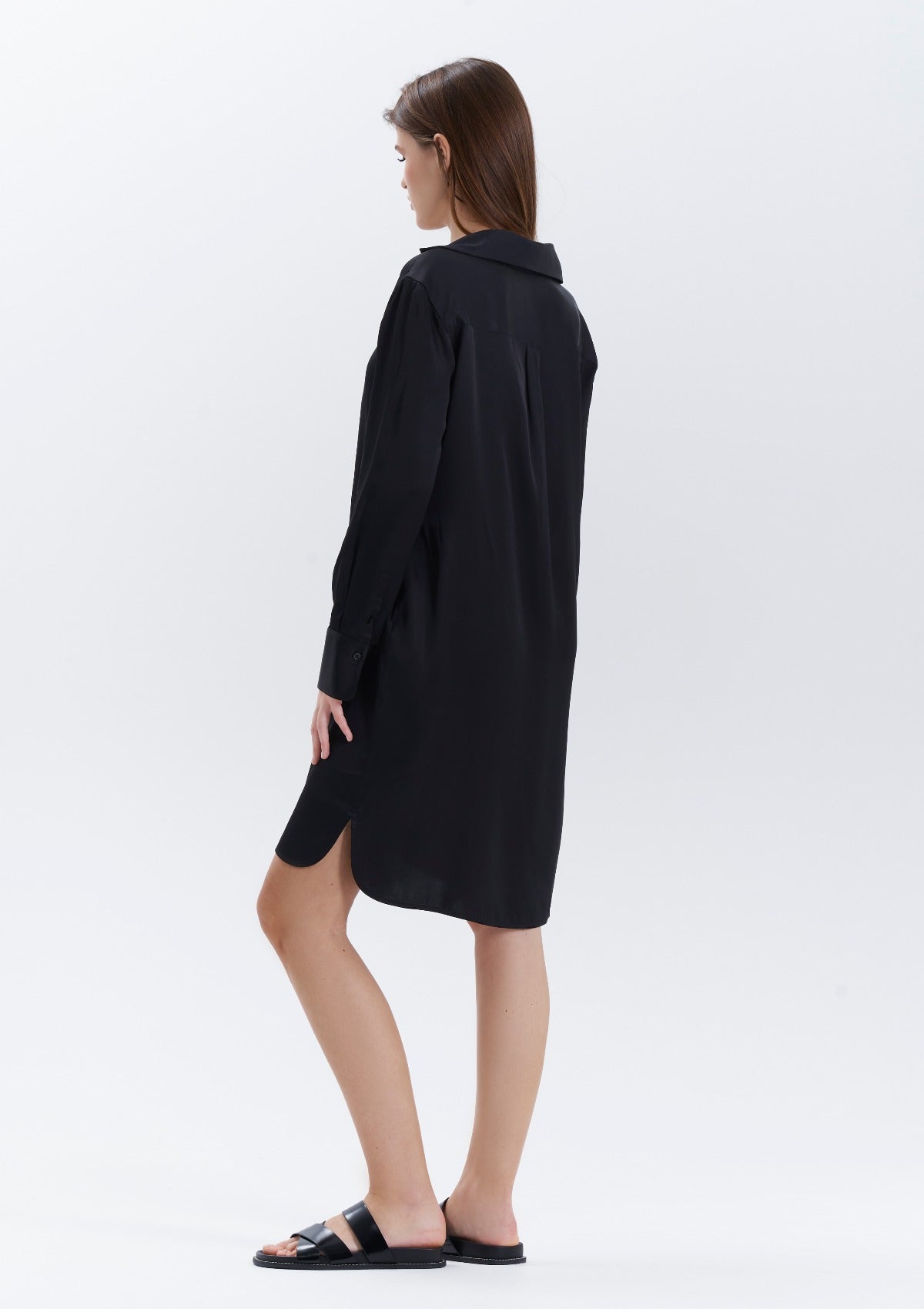 black-minimal-versatile-viscose-shirt-dress-by Silk & tonic brand