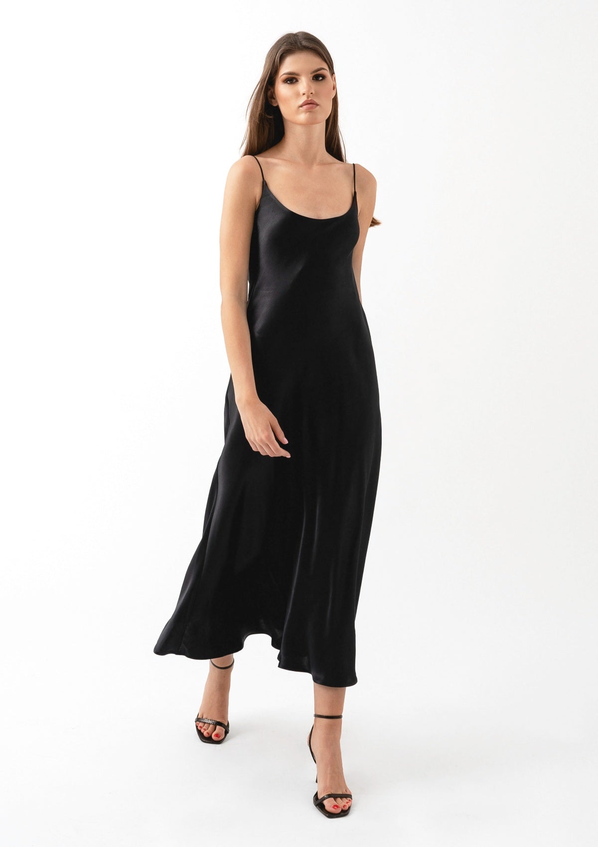 Black slip clearance midi dress