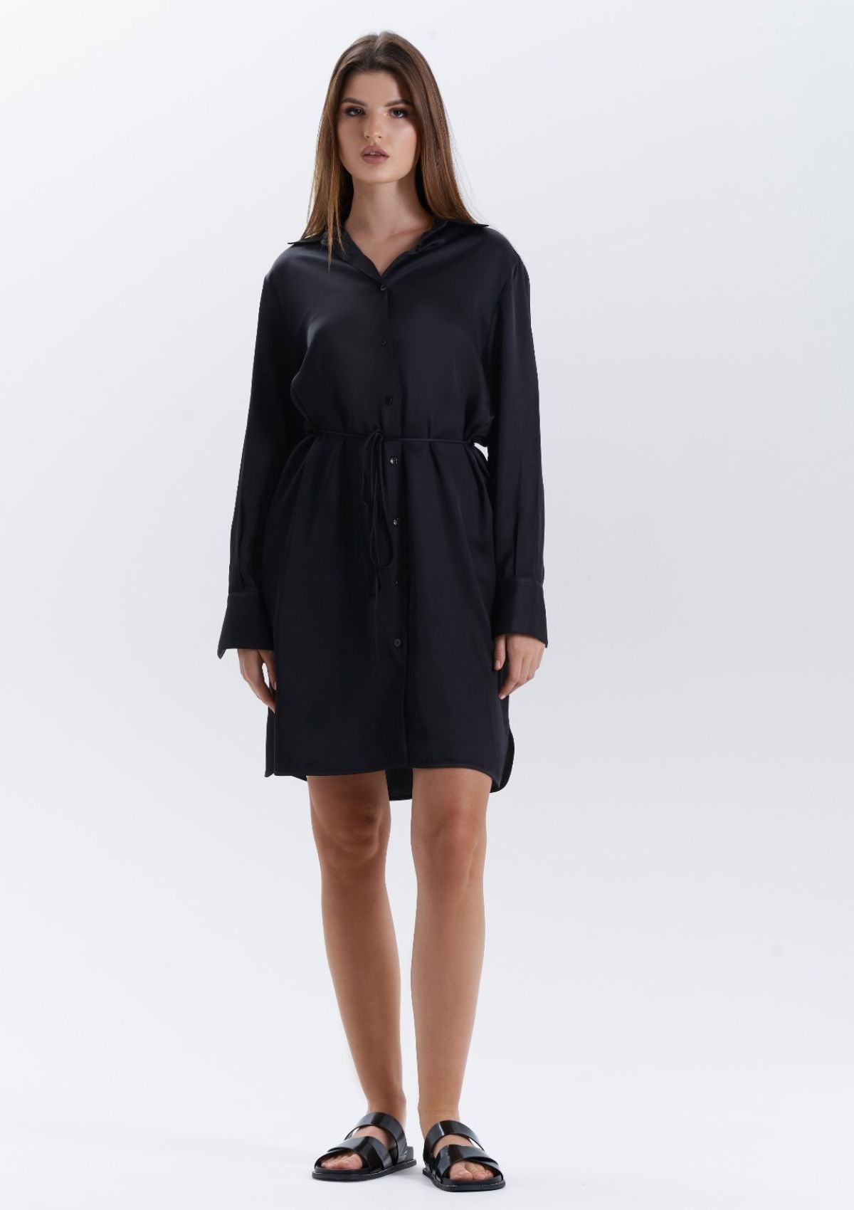 black-viscose-mini-shirt-dress-by Silk & tonic