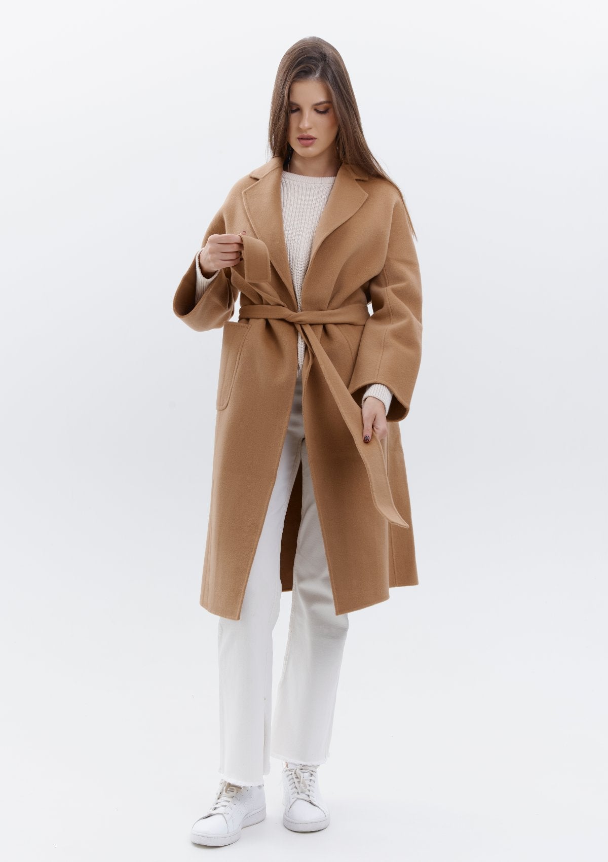 a luxurious midi wrap coat with belt in timeless camel tone.