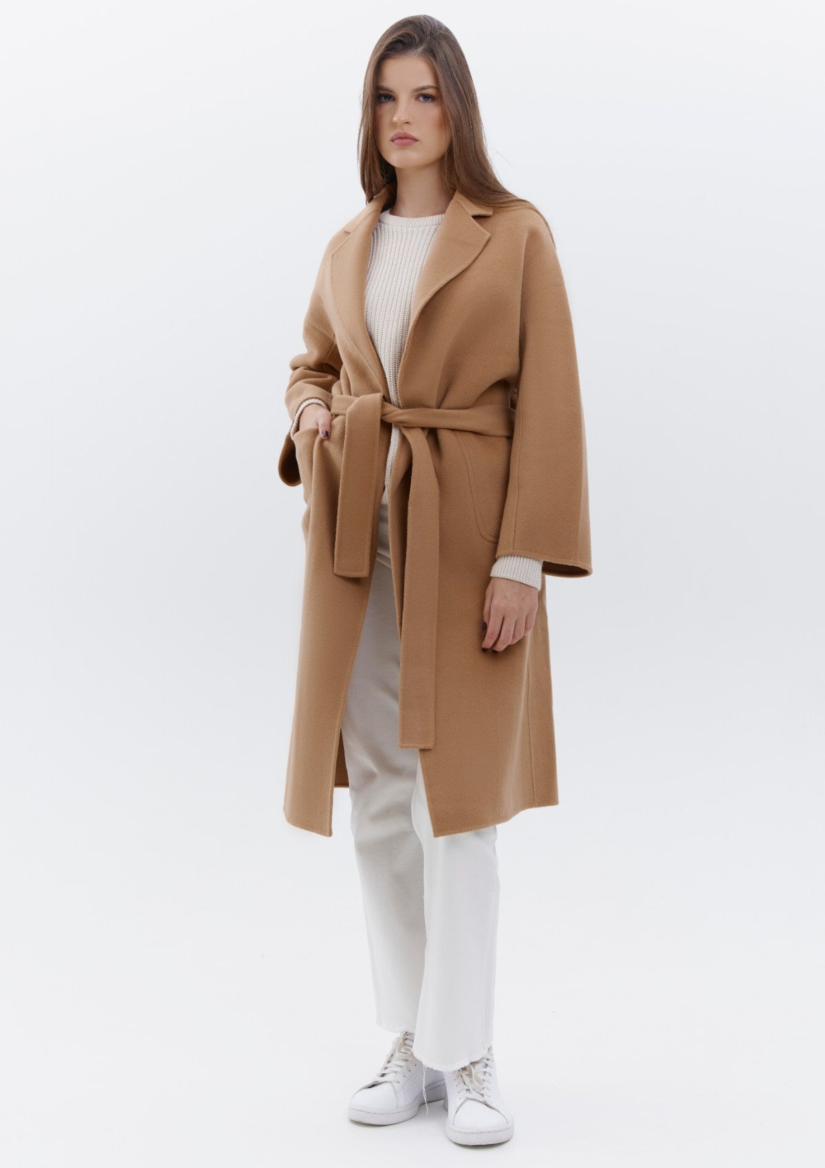 a luxurious belted cashmere coat in camel hue