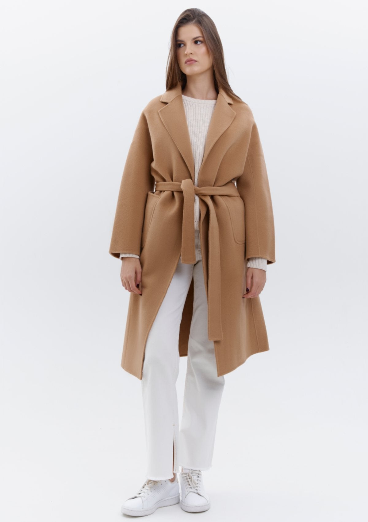 a luxurious, premium quality coat in camel hue