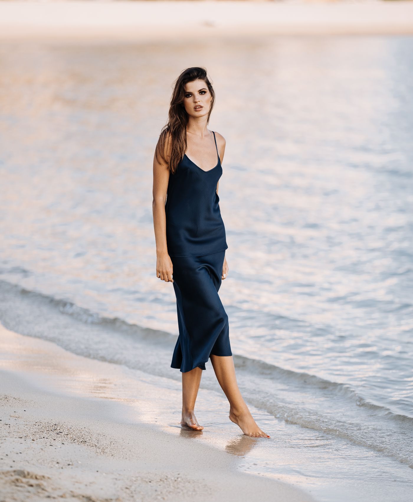 Navy blue silk outfits by Silk & tonic luxury fashion brand